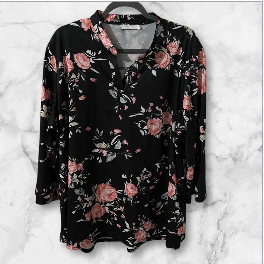 Haute Edition black 3/4 sleeve tunic top roses pattern size 3x